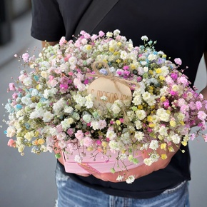 Композиция в коробке сердца из радужных гипсофил с топпером в Яхроме